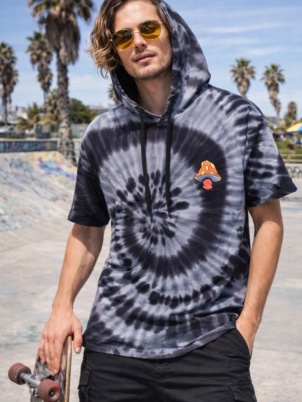 Tie Dye Hoodie Shirt Mushroom Embroidered Black Gray Spiral Cotton Size L